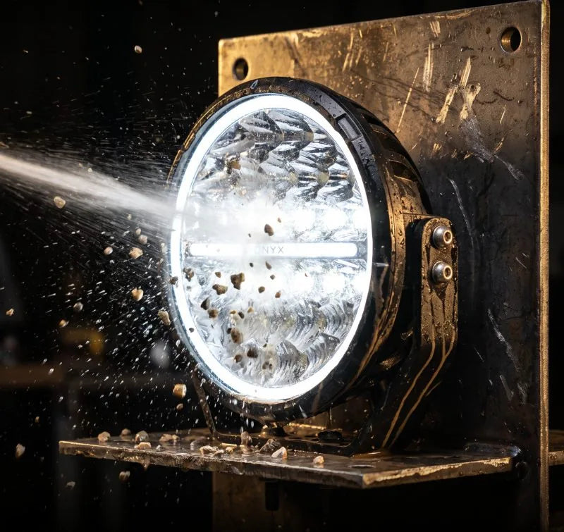 A JB-9 driving light taking a blast of water and gravel on a steel bench