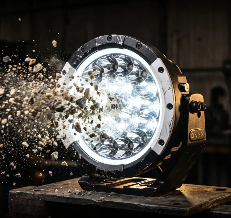 A TB-7 driving light with gravel flying past it