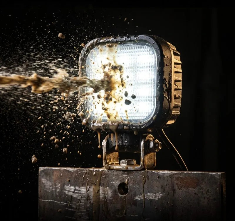 A WL-01 work light taking a spray of mud